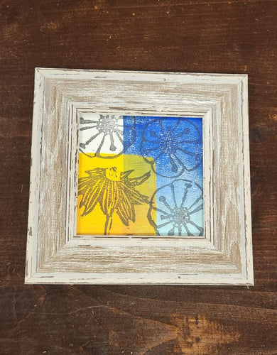 Blue/Yellow Lino Cut Art  Rustic Frame