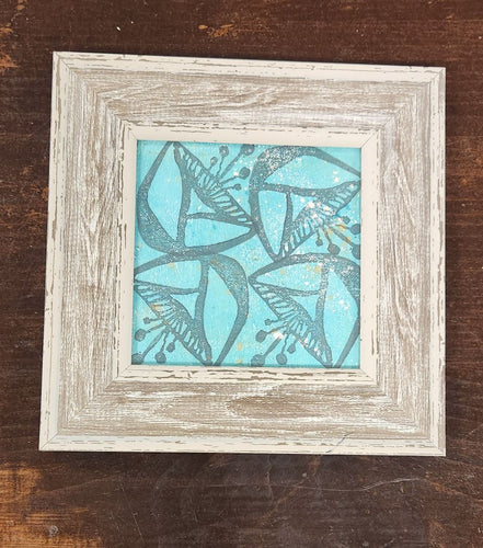 Teal Lino Cut Art In Rustic Frame