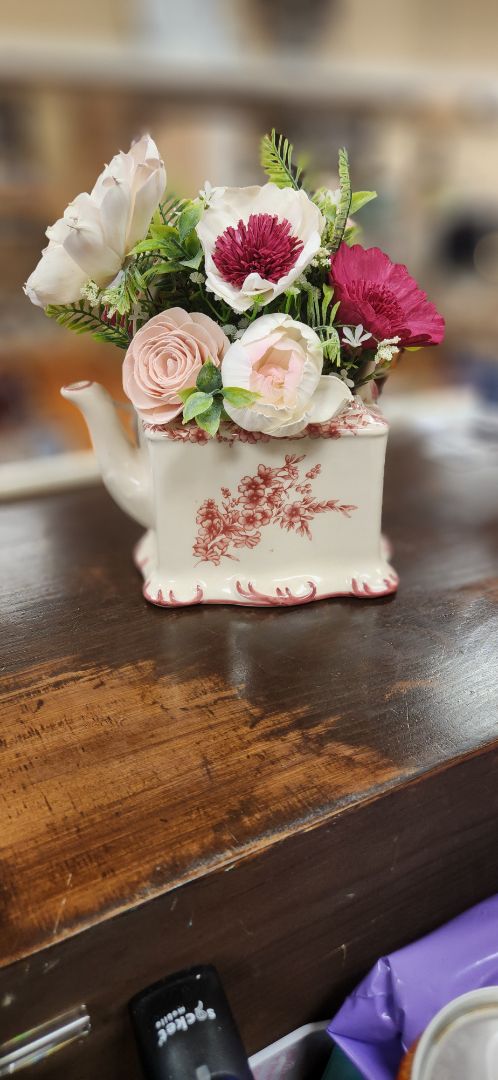 Antique Tea Pot Wooden Flowers