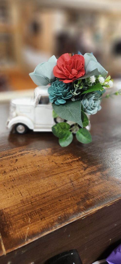 White Truck Wooden Flower Arrangement