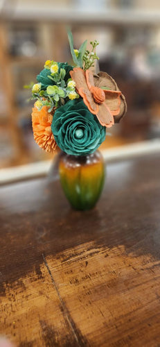 Orange, Green, Brown Wooden Flower Arrangement