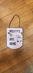 Welcome To Our Home Pink Gnome Slate Sign