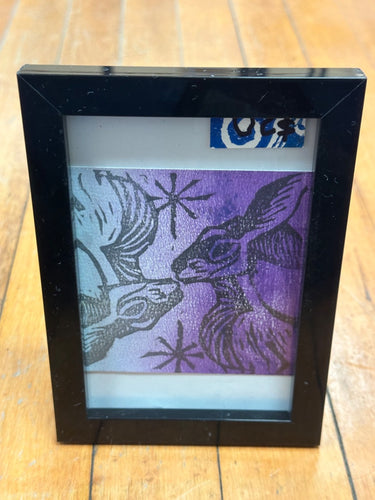 2 deer linocut art in frame