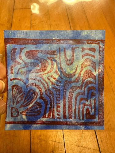 Blue/red linocut art