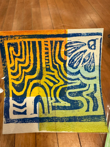 Orange/blue linocut art