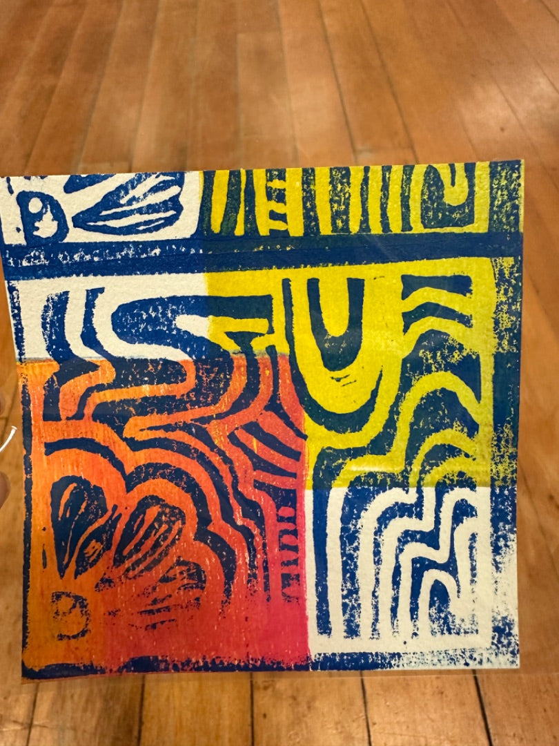 Red/yellow/blue linocut art