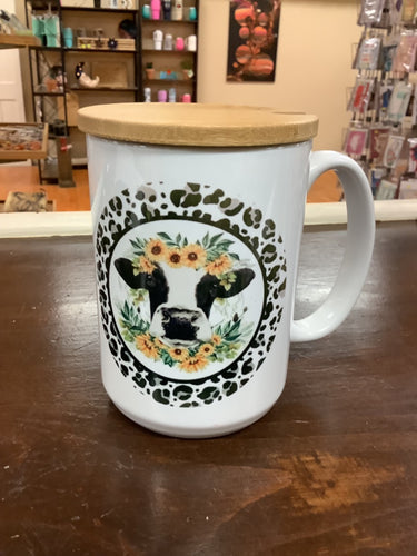 Sunflower cow coffee mug with cover