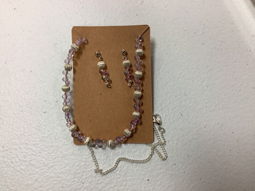 Glitter pink silver earring/necklace combo