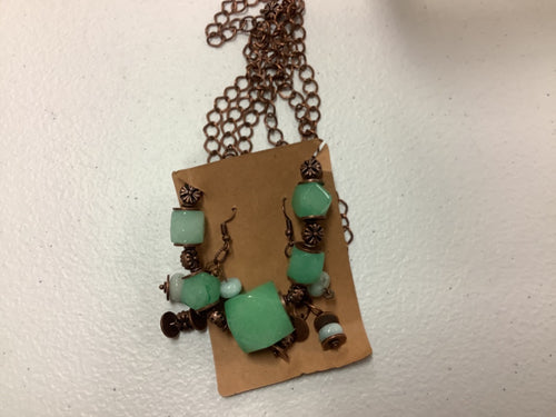 Large green beaded earring/necklace combo