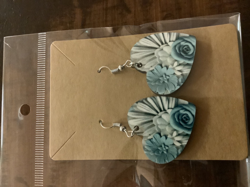 Blue floral heart earrings