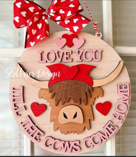 Highland Cow Valentines Door Hanger