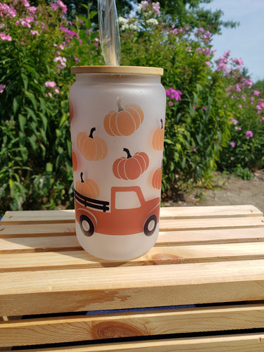 Red Truck And Pumpkin Glass Jar