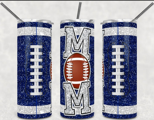 Football Mom Tumbler Blue Glitter